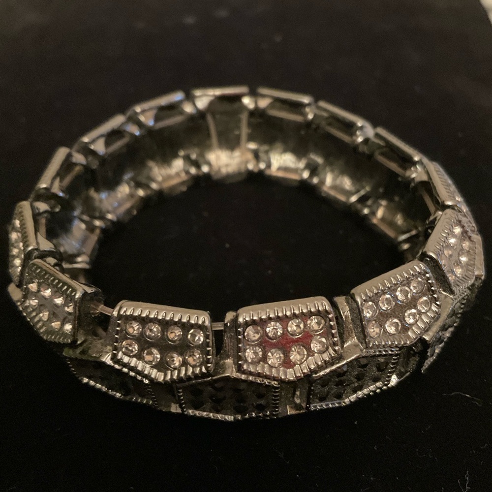 Stretch Black Bangle Hematite & Clear crystal Pave Geometric Statement Bracelet - Picture 2 of 9